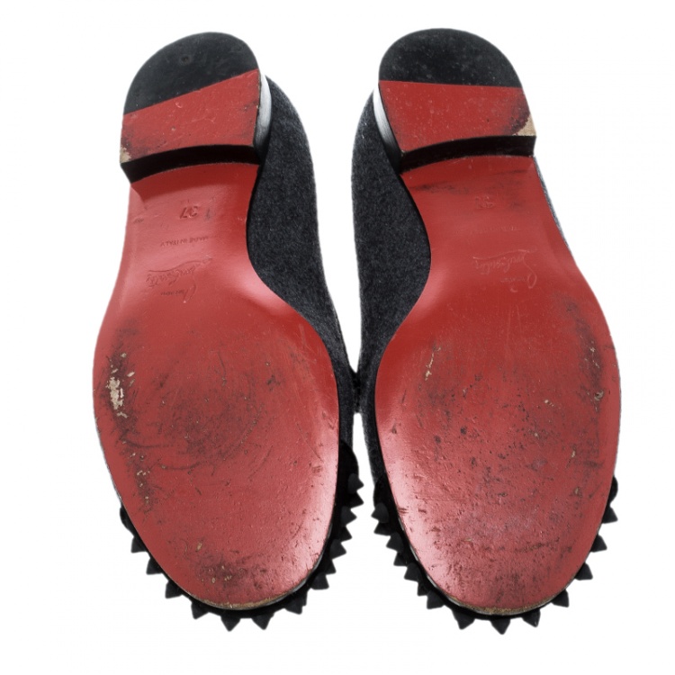 Pre Owned Christian Louboutin Grey Wool Blend Harvanana Spiked Cap Toe Smoking Slippers Size 37
