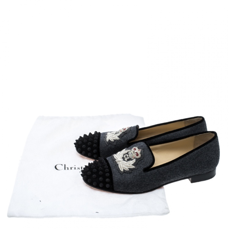 Pre Owned Christian Louboutin Grey Wool Blend Harvanana Spiked Cap Toe Smoking Slippers Size 37