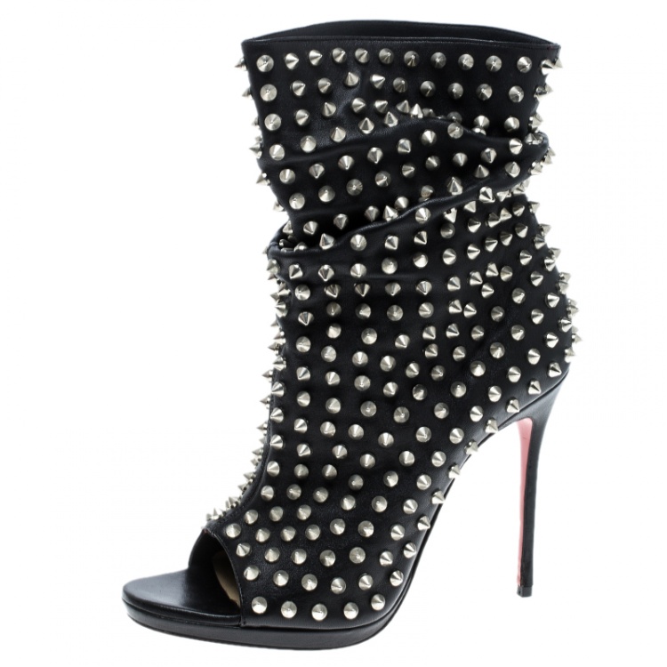 Pre Owned Christian Louboutin Black Spiked Leather Guerilla Open Toe Slouchy Ankle Boots Size 37.5