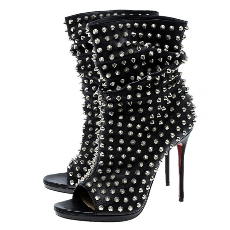Pre Owned Christian Louboutin Black Spiked Leather Guerilla Open Toe Slouchy Ankle Boots Size 37.5
