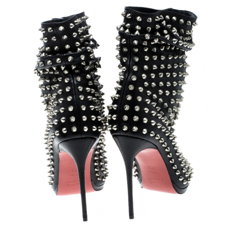 Pre Owned Christian Louboutin Black Spiked Leather Guerilla Open Toe Slouchy Ankle Boots Size 37.5