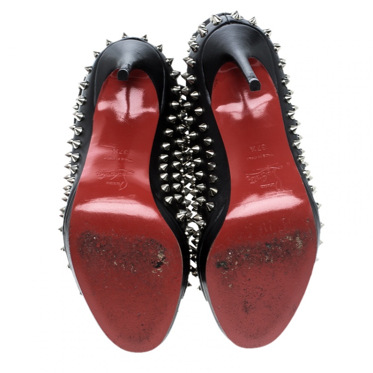 Pre Owned Christian Louboutin Black Spiked Leather Guerilla Open Toe Slouchy Ankle Boots Size 37.5