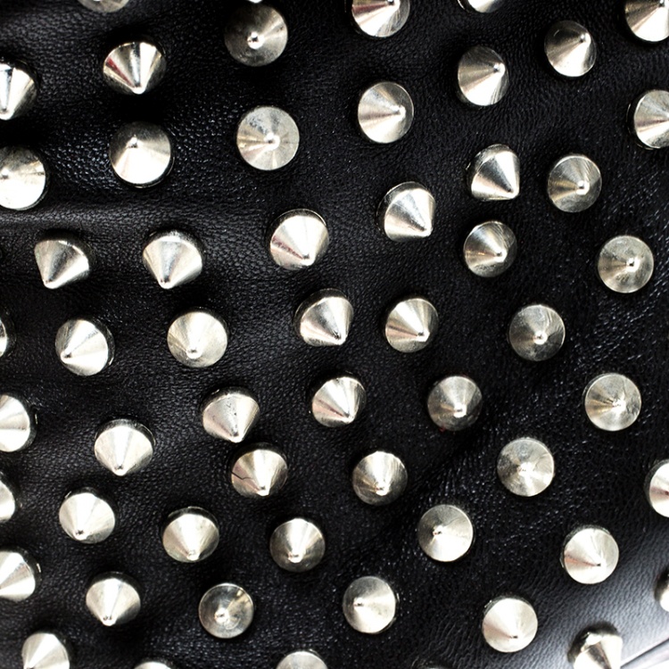 Pre Owned Christian Louboutin Black Spiked Leather Guerilla Open Toe Slouchy Ankle Boots Size 37.5