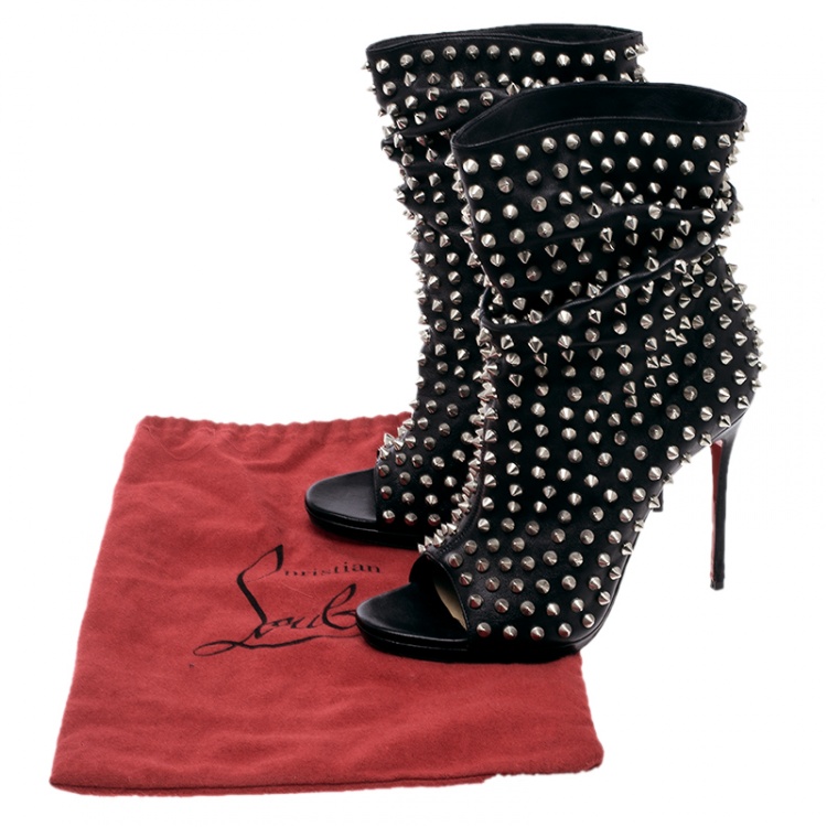 Pre Owned Christian Louboutin Black Spiked Leather Guerilla Open Toe Slouchy Ankle Boots Size 37.5
