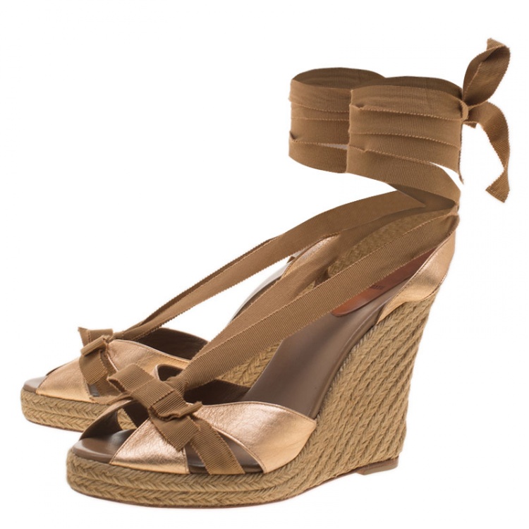 Pre Owned Christian Louboutin Metallic Bronze Leather Bow Ankle Wrap Espadrille Wedge Sandals Size 40