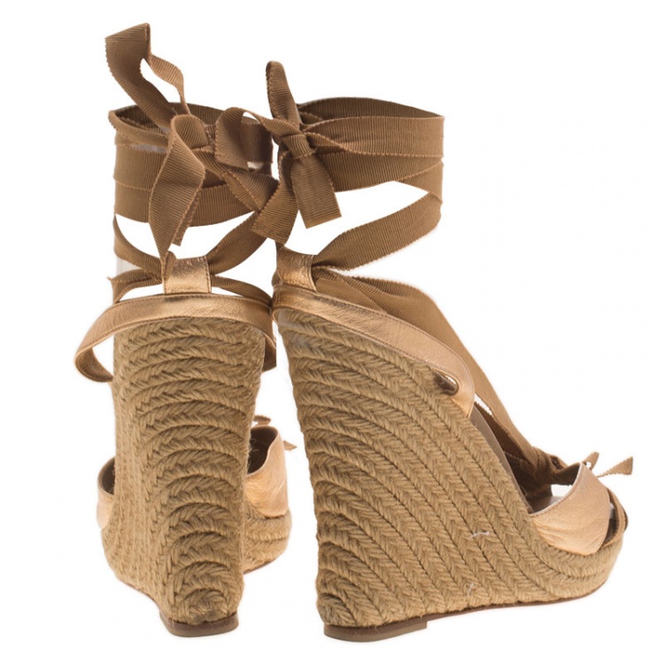 Pre Owned Christian Louboutin Metallic Bronze Leather Bow Ankle Wrap Espadrille Wedge Sandals Size 40