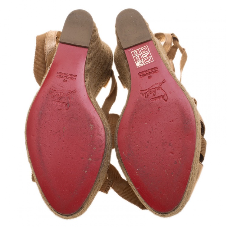 Pre Owned Christian Louboutin Metallic Bronze Leather Bow Ankle Wrap Espadrille Wedge Sandals Size 40