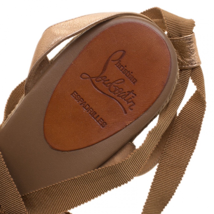 Pre Owned Christian Louboutin Metallic Bronze Leather Bow Ankle Wrap Espadrille Wedge Sandals Size 40