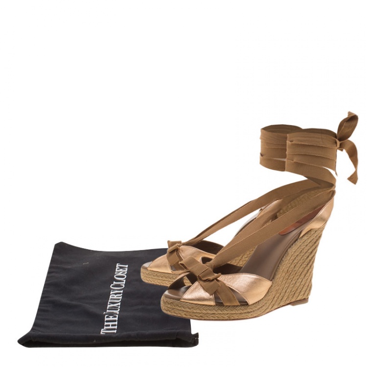 Pre Owned Christian Louboutin Metallic Bronze Leather Bow Ankle Wrap Espadrille Wedge Sandals Size 40