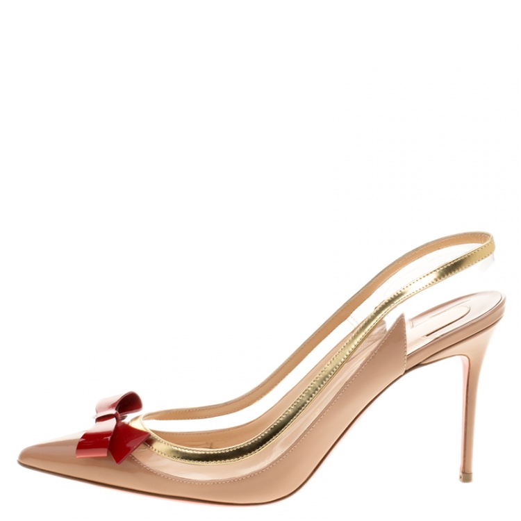Pre Owned Christian Louboutin Beige Patent Leather and PVC Suspenodo Slingback Sandals Size 39