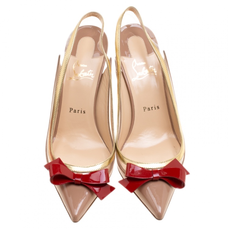 Pre Owned Christian Louboutin Beige Patent Leather and PVC Suspenodo Slingback Sandals Size 39