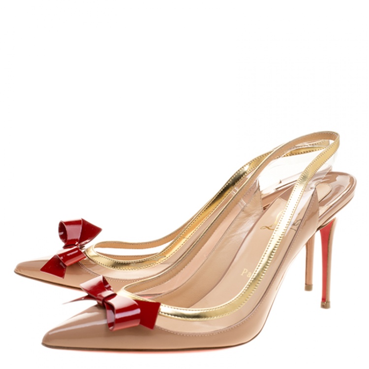 Pre Owned Christian Louboutin Beige Patent Leather and PVC Suspenodo Slingback Sandals Size 39