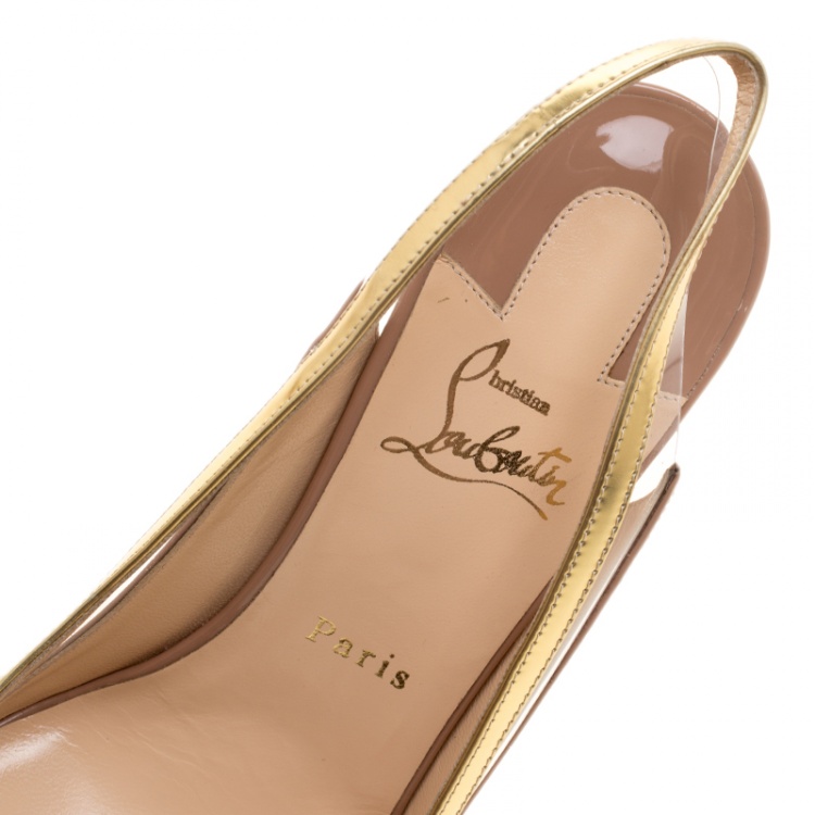 Pre Owned Christian Louboutin Beige Patent Leather and PVC Suspenodo Slingback Sandals Size 39