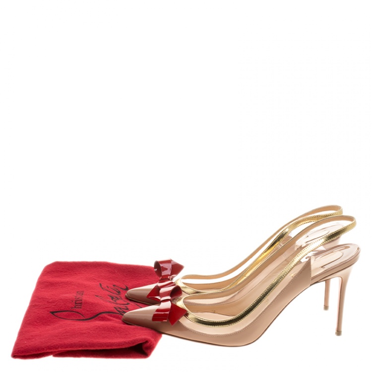 Pre Owned Christian Louboutin Beige Patent Leather and PVC Suspenodo Slingback Sandals Size 39