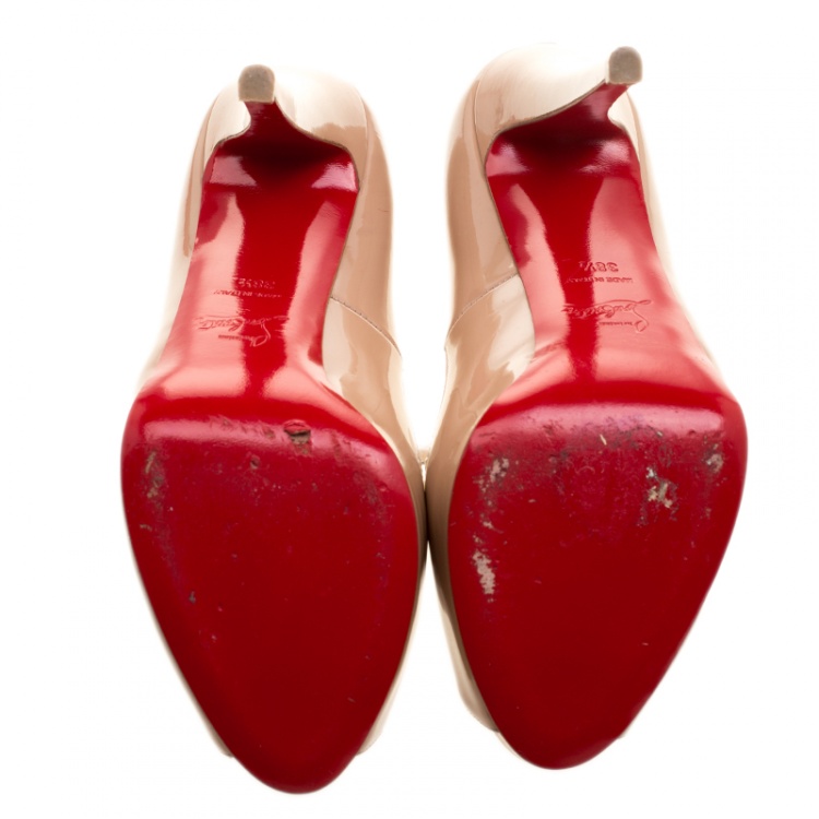 Pre Owned Christian Louboutin Beige Patent Leather  Very Prive Peep Toe Pumps Size 38.5