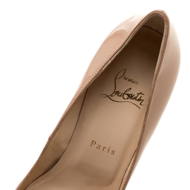 Pre Owned Christian Louboutin Beige Patent Leather  Very Prive Peep Toe Pumps Size 38.5
