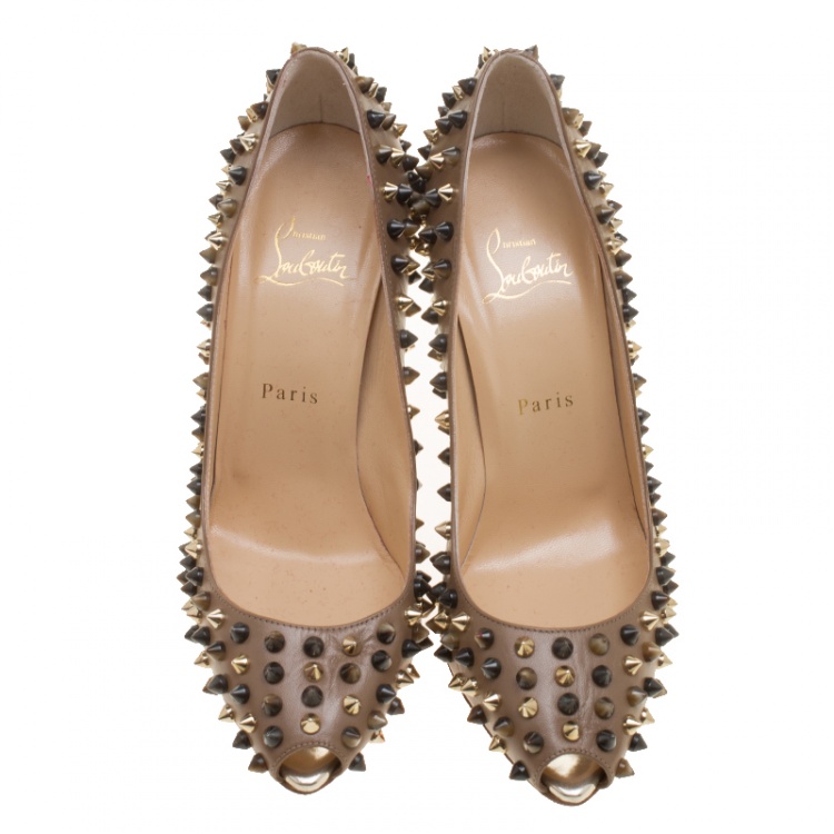 Pre Owned Christian Louboutin Brown Leather Follies Spikes Peep Toe Pumps Size 38.5