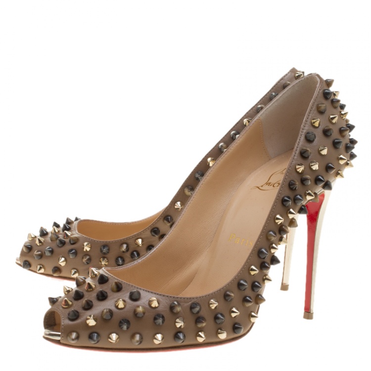 Pre Owned Christian Louboutin Brown Leather Follies Spikes Peep Toe Pumps Size 38.5