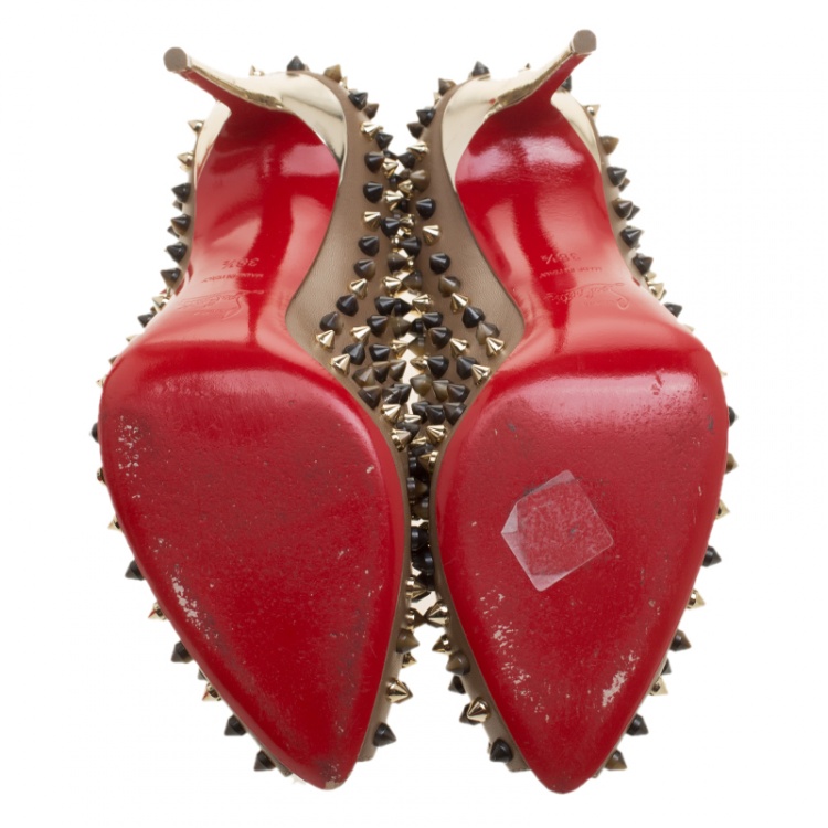 Pre Owned Christian Louboutin Brown Leather Follies Spikes Peep Toe Pumps Size 38.5