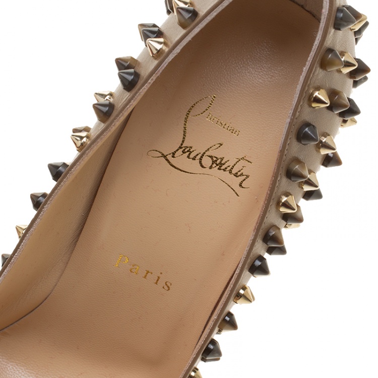 Pre Owned Christian Louboutin Brown Leather Follies Spikes Peep Toe Pumps Size 38.5
