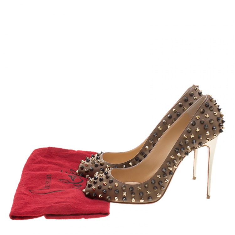 Pre Owned Christian Louboutin Brown Leather Follies Spikes Peep Toe Pumps Size 38.5