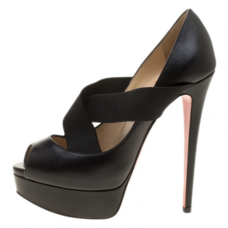 Pre Owned Christian Louboutin Black Leather Very Stagram Cross Strap Peep Toe Platform Pumps Size 36