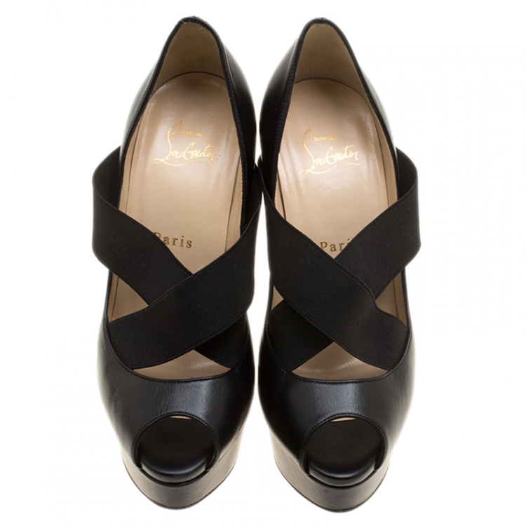 Pre Owned Christian Louboutin Black Leather Very Stagram Cross Strap Peep Toe Platform Pumps Size 36