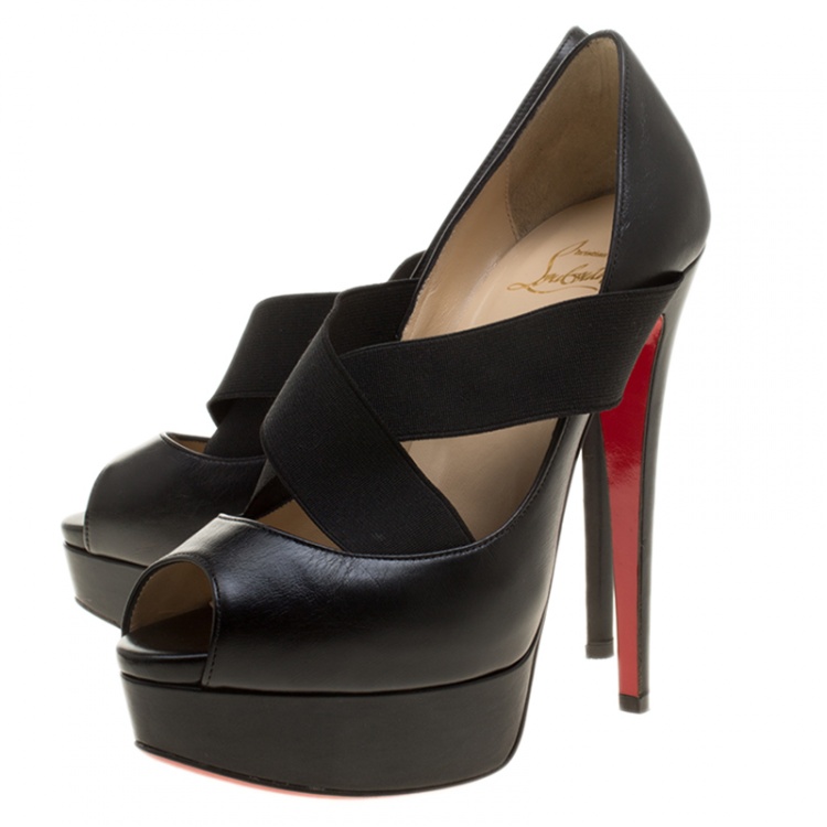 Pre Owned Christian Louboutin Black Leather Very Stagram Cross Strap Peep Toe Platform Pumps Size 36