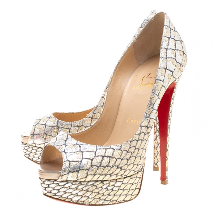Pre Owned Christian Louboutin Metallic Silver Python Print Fabric Lady Peep Toe Platform Pumps Size 38