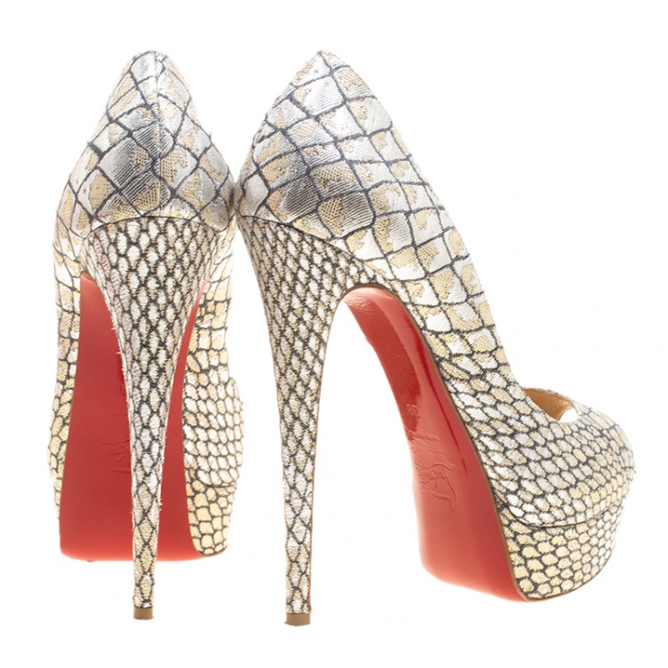 Pre Owned Christian Louboutin Metallic Silver Python Print Fabric Lady Peep Toe Platform Pumps Size 38