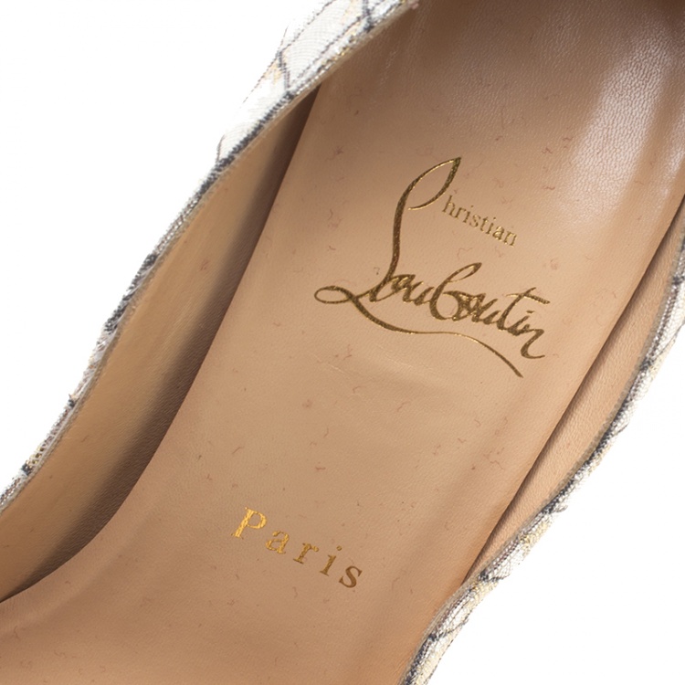 Pre Owned Christian Louboutin Metallic Silver Python Print Fabric Lady Peep Toe Platform Pumps Size 38
