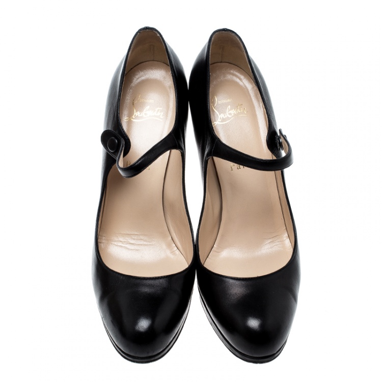 Pre Owned Christian Louboutin Black Leather Mary Jane Platform Pumps Size 40.5