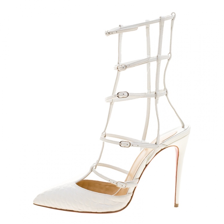 Pre Owned Christian Louboutin White Scallop Embossed Leather Kadreyana Pointed Toe Cage Sandals Size 39
