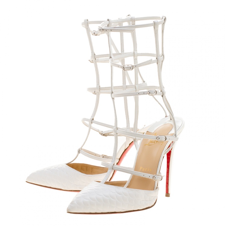 Pre Owned Christian Louboutin White Scallop Embossed Leather Kadreyana Pointed Toe Cage Sandals Size 39