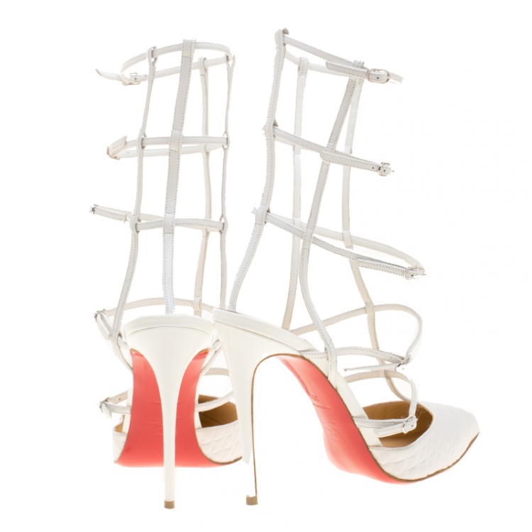 Pre Owned Christian Louboutin White Scallop Embossed Leather Kadreyana Pointed Toe Cage Sandals Size 39