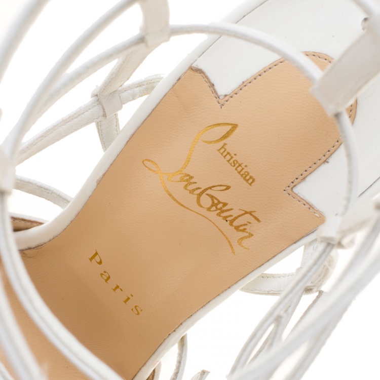 Pre Owned Christian Louboutin White Scallop Embossed Leather Kadreyana Pointed Toe Cage Sandals Size 39