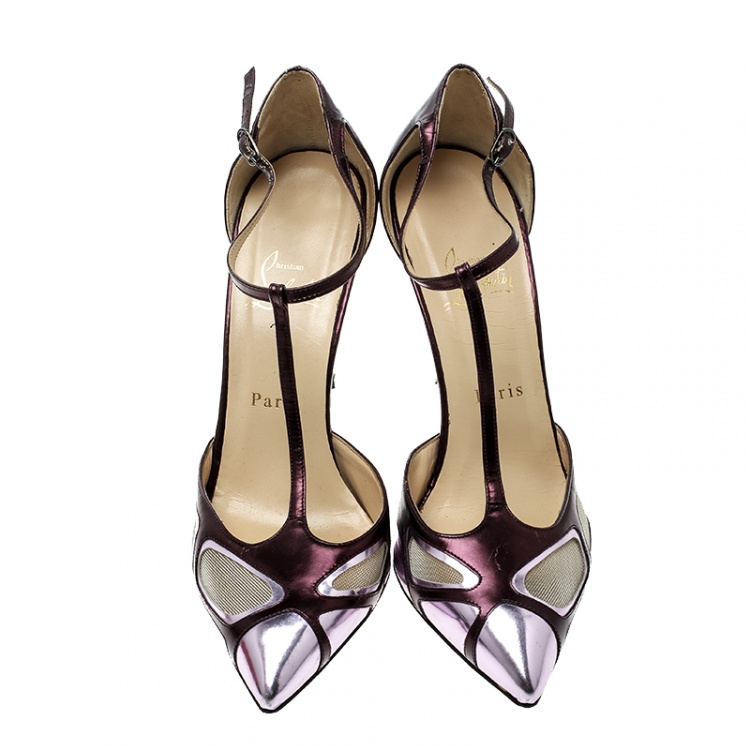 Pre Owned Christian Louboutin Metallic Purple Leather and Mesh Bat Girl T Strap Pumps Size 38.5