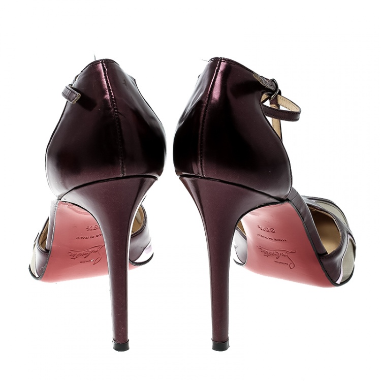 Pre Owned Christian Louboutin Metallic Purple Leather and Mesh Bat Girl T Strap Pumps Size 38.5