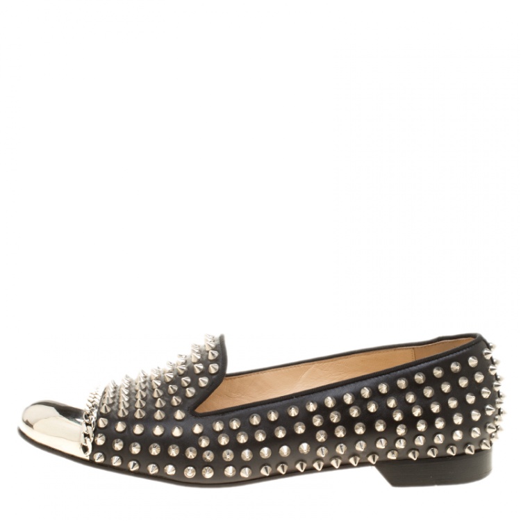 Pre Owned Christian Louboutin Black Spike Studded Leather Glitz Smoking Slippers Size 41.5