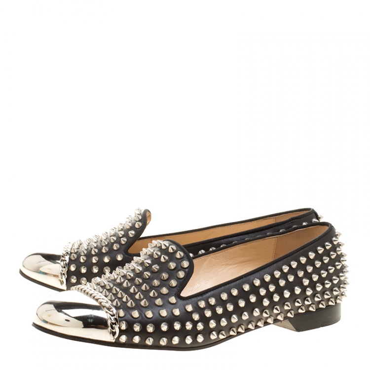 Pre Owned Christian Louboutin Black Spike Studded Leather Glitz Smoking Slippers Size 41.5