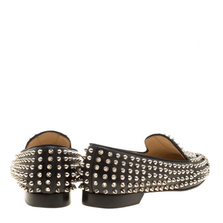 Pre Owned Christian Louboutin Black Spike Studded Leather Glitz Smoking Slippers Size 41.5