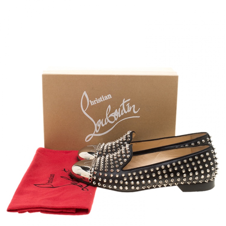 Pre Owned Christian Louboutin Black Spike Studded Leather Glitz Smoking Slippers Size 41.5