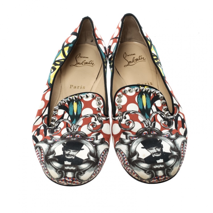 Pre Owned Christian Louboutin Multicolor Printed Fabric Smoking Slippers Size 38.5