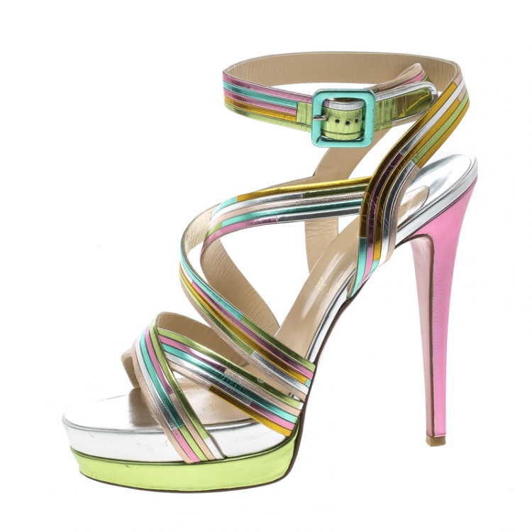 Pre Owned Christian Louboutin Multicolor Metallic Leather Meteorita Cross Strap Platform Sandals Size 40
