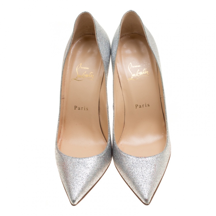 Pre Owned Christian Louboutin Metallic Silver Glitter Decollete Mini Pointed Toe Pumps Size 39