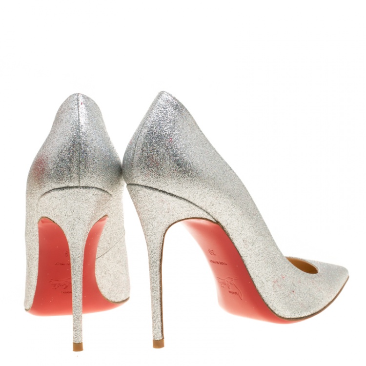 Pre Owned Christian Louboutin Metallic Silver Glitter Decollete Mini Pointed Toe Pumps Size 39
