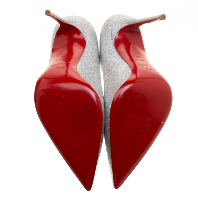 Pre Owned Christian Louboutin Metallic Silver Glitter Decollete Mini Pointed Toe Pumps Size 39