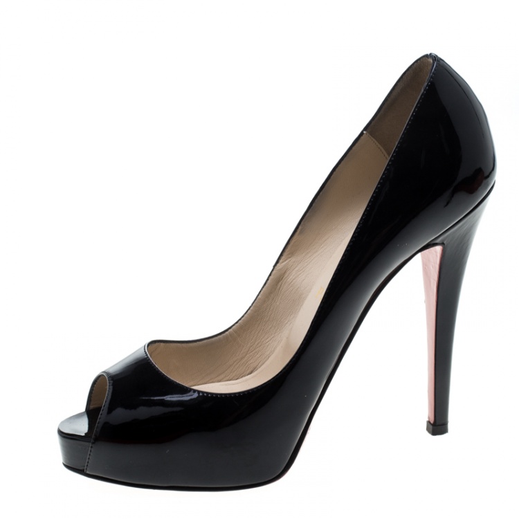 Pre Owned Christian Louboutin Black Patent New Very Prive Peep Toe Platform Pumps Size 38