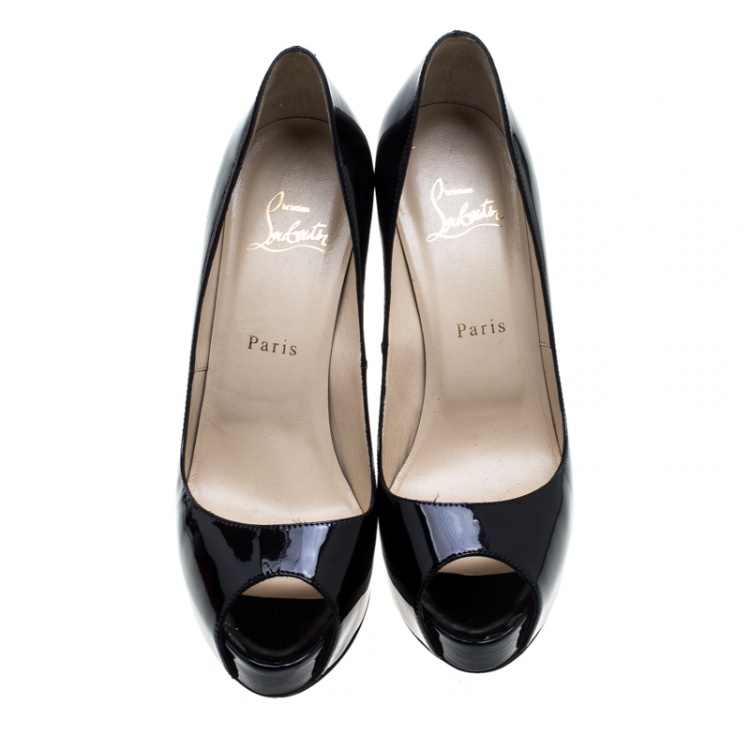 Pre Owned Christian Louboutin Black Patent New Very Prive Peep Toe Platform Pumps Size 38