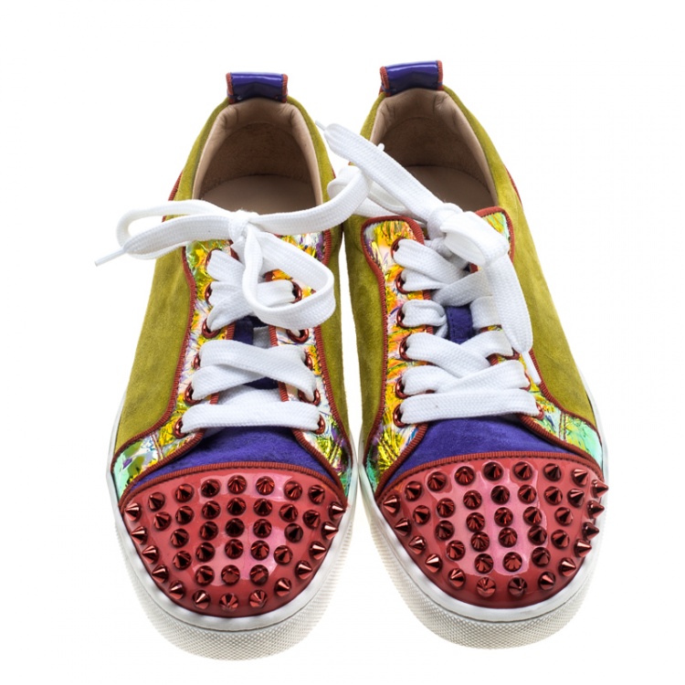 Pre Owned Christian Louboutin Multicolor Suede and Patent Leather Louis Junior Spikes Sneakers Size 36